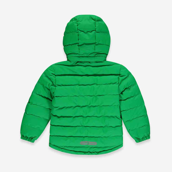 A green waterproof puffer jacket, seen from the back, featuring a hood. The jacket is padded and has horizontal stitching.